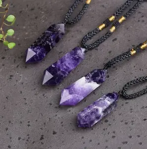 Natural Amethyst Crystal Hexagonal Point Pendant Healing Reiki Amulet Necklace