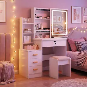 Vanity table set with LED illuminated mirror and soft stool, featuring 3 selectable light colors, 4 large drawers, and 5 storage shelves. Vanity table with storage stool, suitable for bedroom use, white