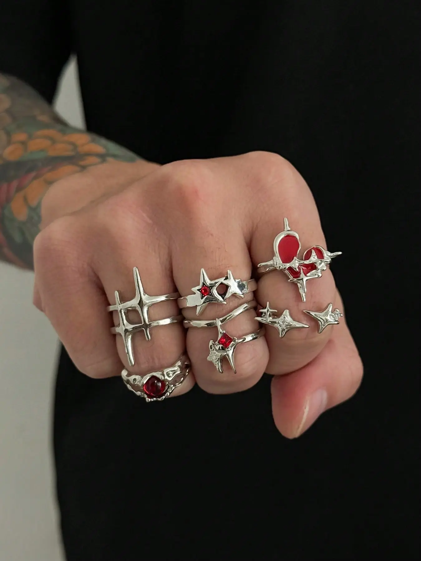 6-Piece Men's Punk Style Ring Set, Hollow Out Diamond Rings, Luxurious and Elegant, Perfect for Casual Streetwear, All Seasons, Statement Multi Ring, Stackable Finger Rings, Stackable Rings Set, Fashion Stackable Rings