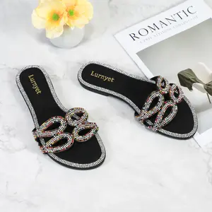 Lurnyet Women's Black Plain Open-Toe Flat Heel Sandals - Slide-On Walking Shoes with Sparkly Beads, Rhinestone Design, Breathable Fit for Summer Beach Wedding Casual Wear,summervibes