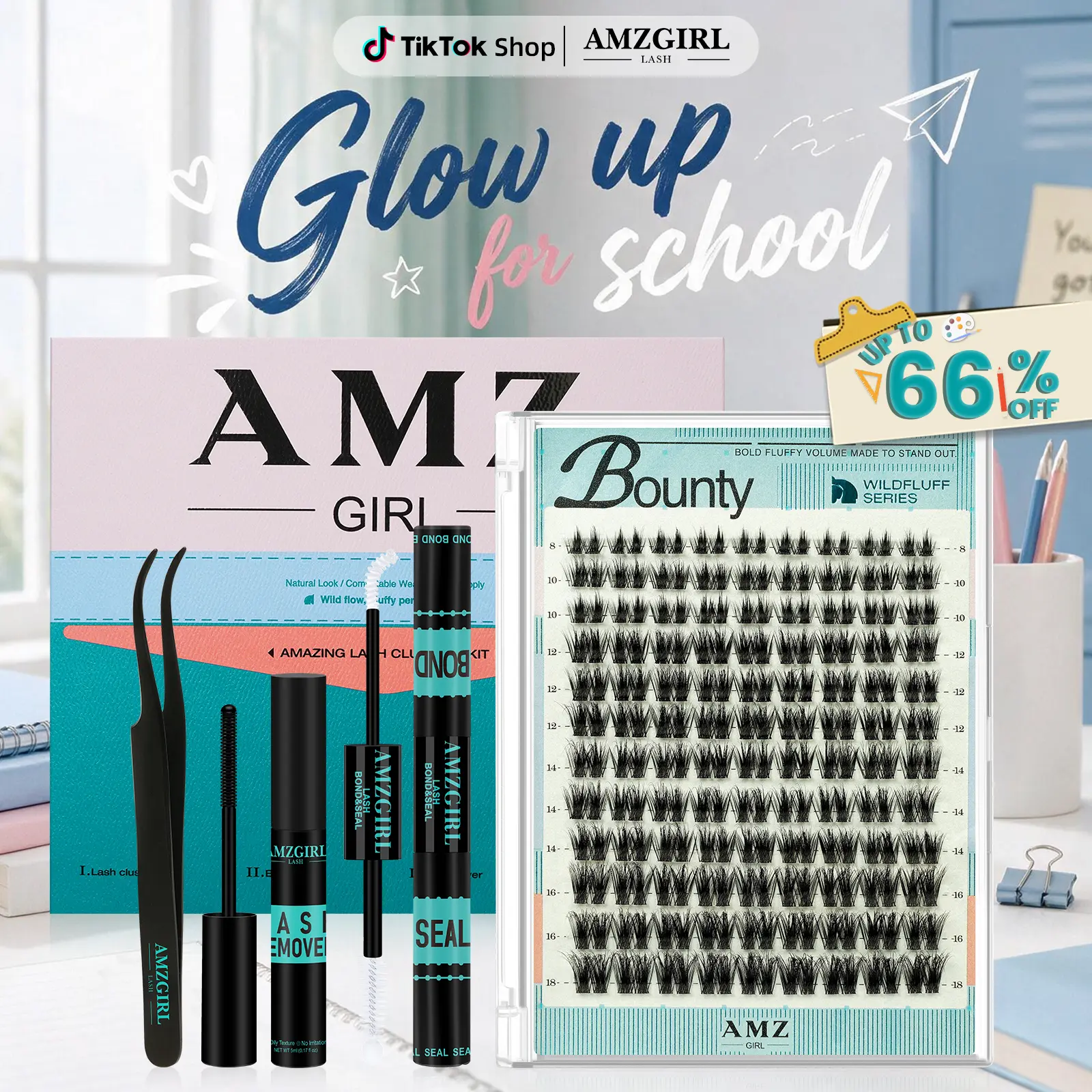 AMZGIRL Lash Clusters Kit WildFluff DD Curl Eyelash Extension Kit WildFlow Lashes Cluster Invisible Band Lash with White Lash Bond and Seal Lash Remover and Lash Applicators for Summer Outfits & Vacation Looks
