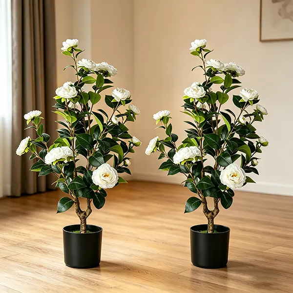2-Pack 3-ft Artificial Camellia Potted Trees, White Flower Fake Plants for Indoor & Outdoor Family Garden Home Decor