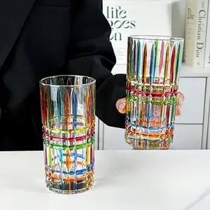 4-Piece Christmas Hand-Painted Striped Highball Glass Set, 11.5oz Kitchen Drinkware for Iced Coffee, Wine, Artistic Cocktail & Beverage Glasses