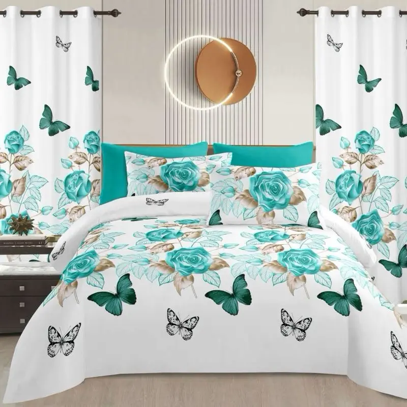 8 pcs  Floral Bedsheets with Curtains Comfortable Durable Material for Any Bedroom