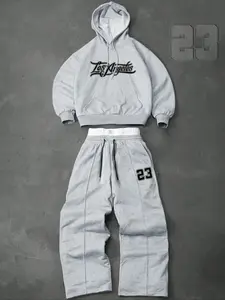 Men's preppy two-piece tracksuit: a hooded sweatshirt and drawstring trousers, decorated with letter and number patterns, perfect for fall and winter, Sweat Suit Set, Stylish Tracksuit
