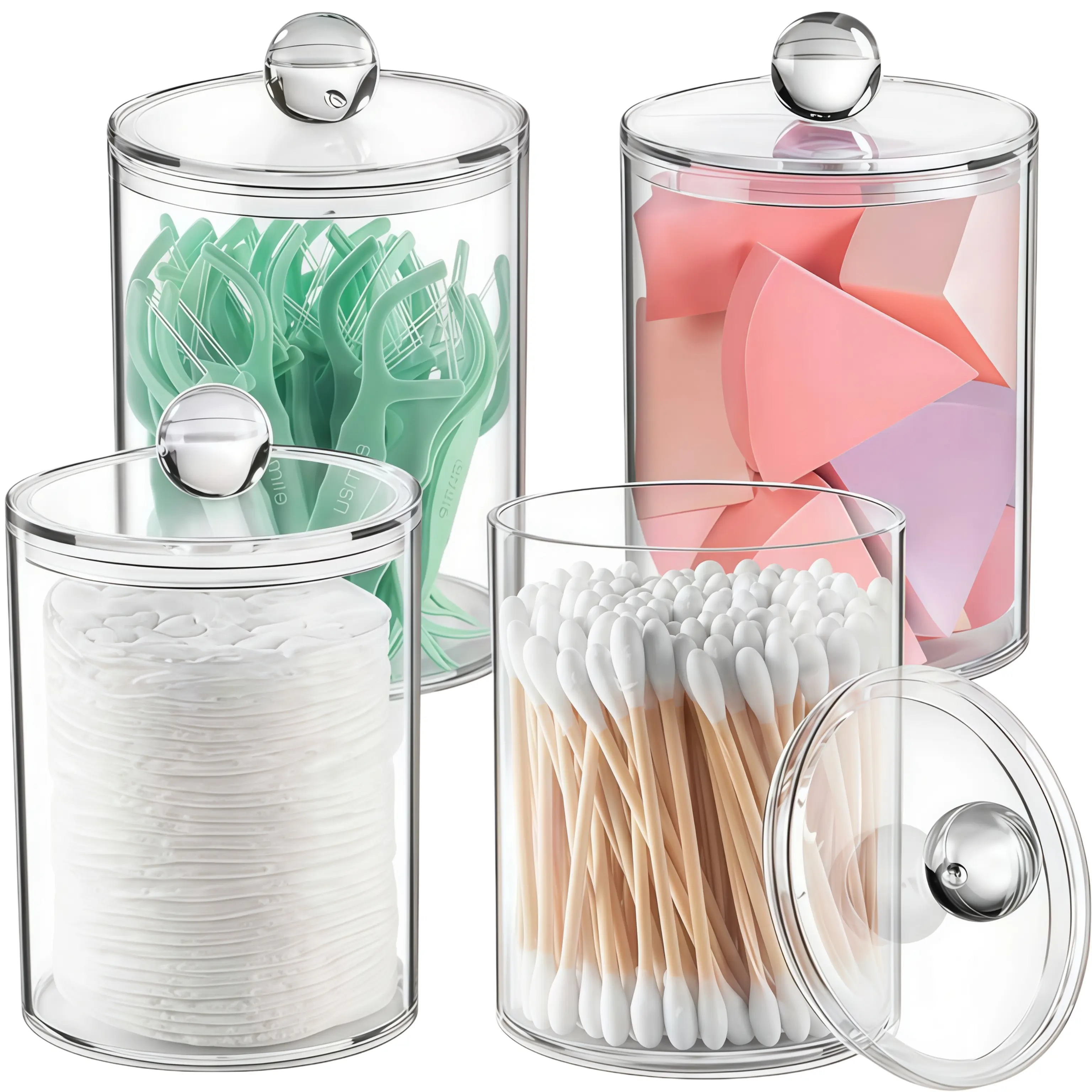 LMMAKE 4PCS Stackable Airtight Apothecary Canister Jar Set, 10oz Plastic Q-Tip Holders with Lids, Vanity Organization Organizer Storage Boxes for Cotton Balls, Swabs, Pads, Floss Picks (Restroom Use)