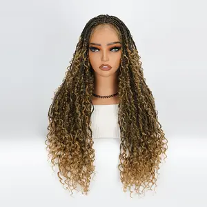 24"Boho Box Braid Wig for Women - Glueless Knotless Double Full Lace Front Square Goddess Cornrow Braided Wig with Curly Ends, Flame-Retardant Lightweight Synthetic Hair, 200% Density, Natural Look & Comfortable , Beginner Friendly,  summer daily wear