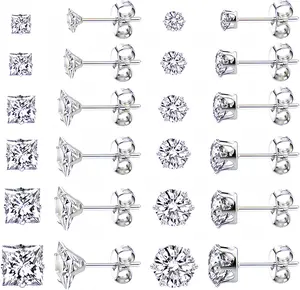 Unisex 12-Pair Hypoallergenic Stainless Steel 6-Prong Stud Earrings Set, AAA+ Cubic Zirconia, Minimalist Elegant Design, Multi-Size 3-8mm, Daily Wear Gift for Women & Men, Fashion Costume Jewelry Accessories