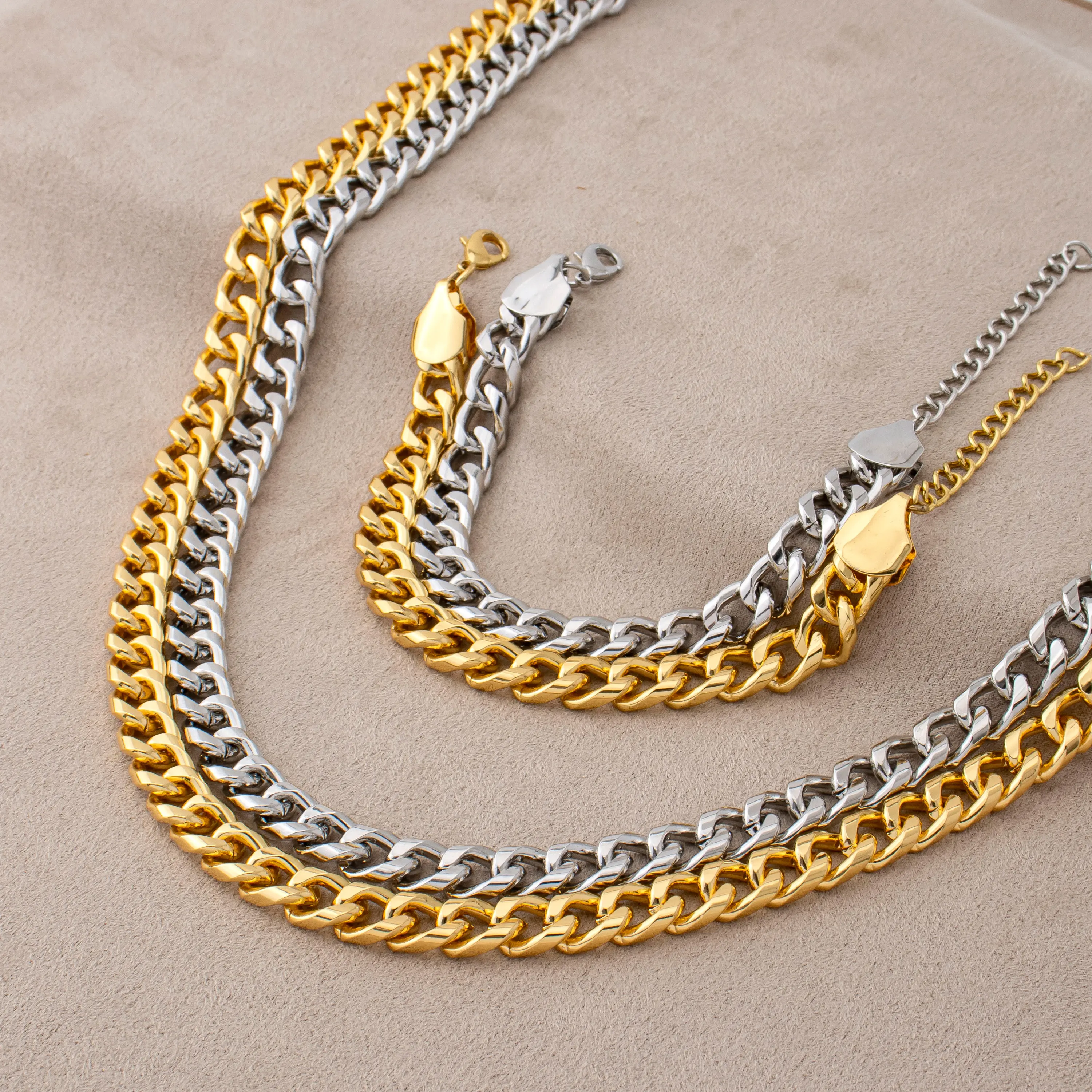 YM 2PCS Miami Cuban Link Chain Set for Men, 18K Gold Plated or Silver Plated Necklace & Bracelet Combo, Thick Curb Chain Hip Hop Jewelry