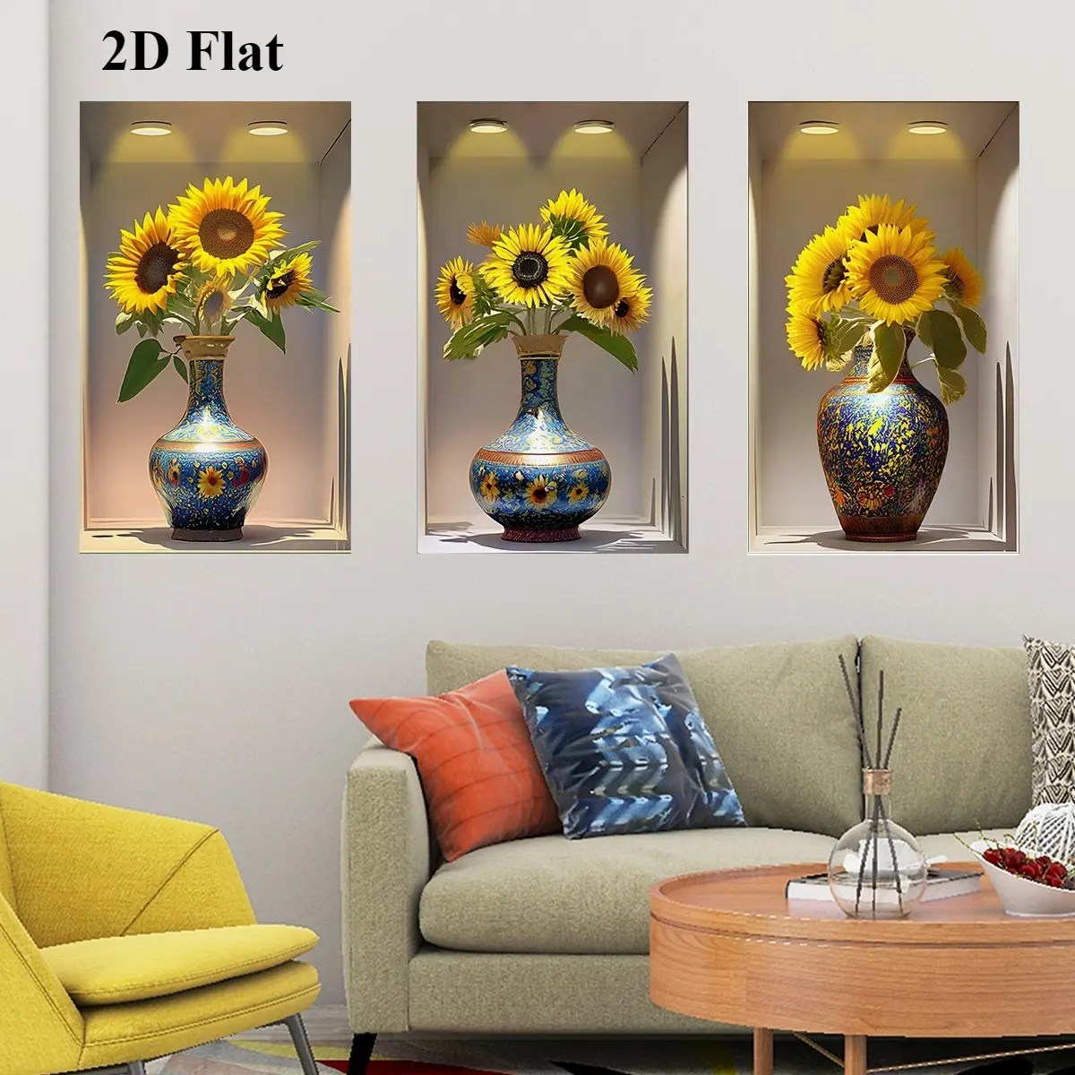 A set (30*50cm*3pcs) of sunflower vase wall stickers for bedroom, living room and bathroom background wall. Wall sticker for beautification and decoration ATW14106