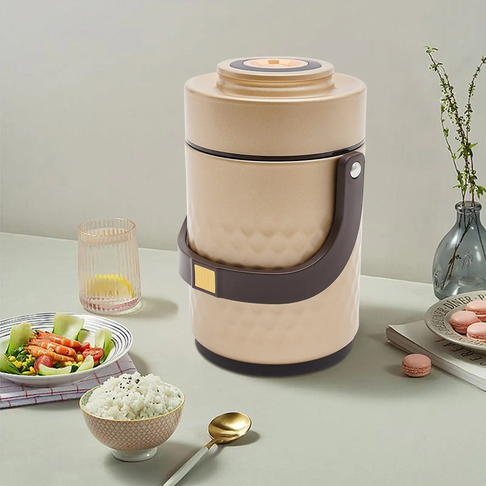3 Tier Stainless Steel Insulated Lunch Box 67oz Vacuum Flask Hot Cold Food Container 6 Hours Keep Warm Gold Stackable Thermos for Office Camping