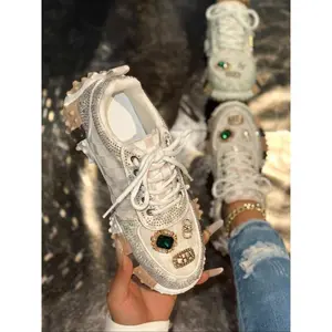 New Checkered Dad Sneakers for Women, Rhinestone Decor Thick Sole Sports Shoes, Cool Casual Height Increasing Leisure Footwear, Glitter Design Sneakers