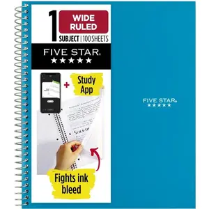 Spiral Notebook + Study App, 1 Subject, Wide Ruled Paper, 8" x 10-1/2", 100 Sheets, Fights Ink Bleed, Water Resistant Cover, Tidewater Blue (72875)