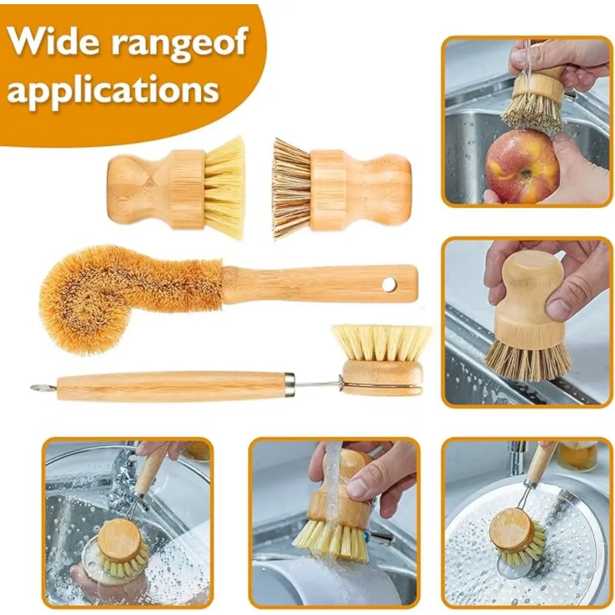 4pcs Wooden Coconut Palm Dishwashing Brushes - Bamboo Scrubbing Sticks, Household Kitchen Stain Removal Cleaning Tools