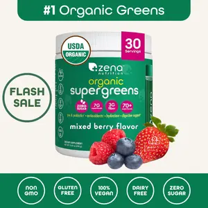 Zena Nutrition Organic Supergreens Powder USDA Certified Zero Sugar Antioxidants Fiber Probiotics Digestive Enzymes Health Supplement for Fitness Optimum Nutrition 30 Servings Non GMO Gluten Free Vegan Nutrients
