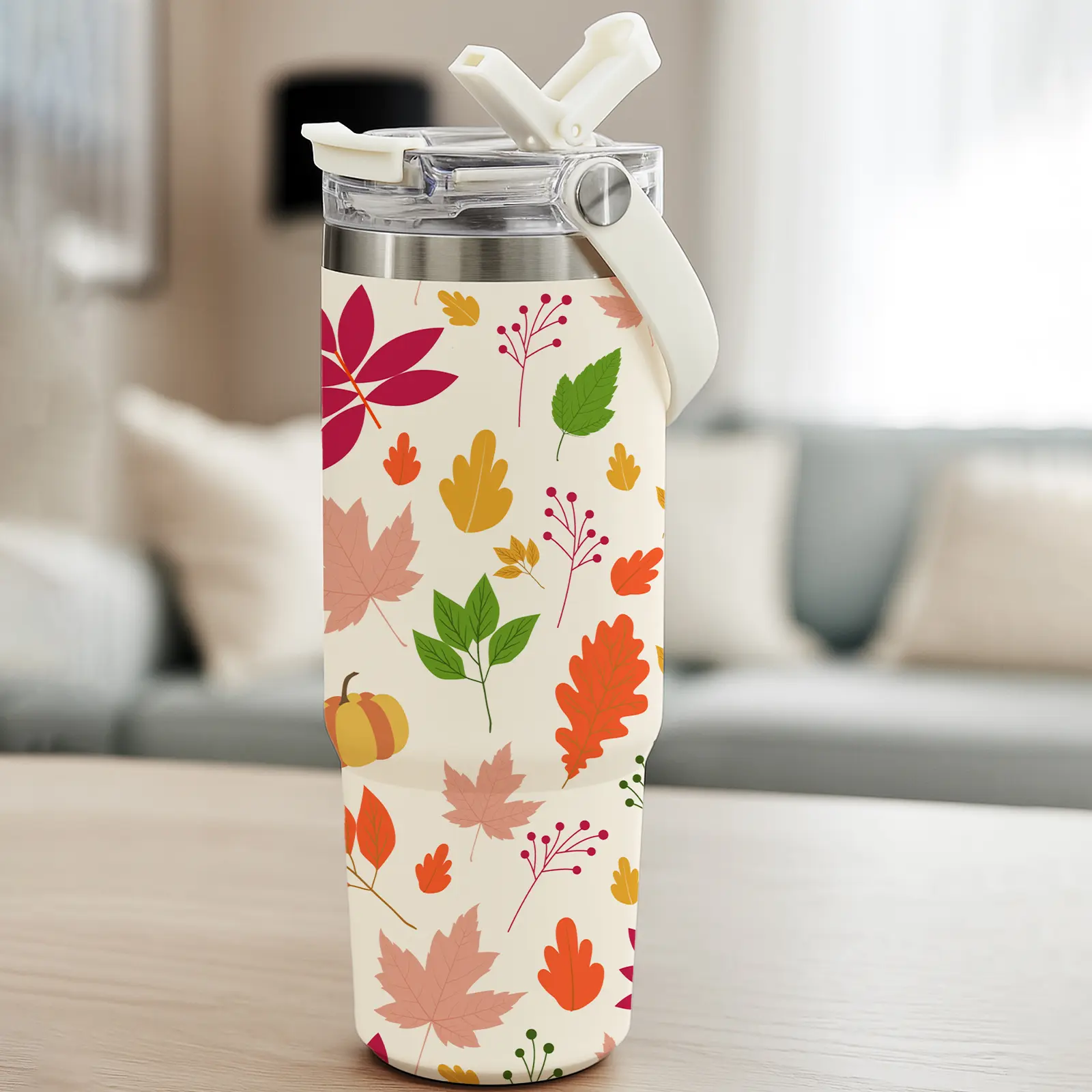 Auracup 1 Pc 30oz insulated mug double wall vacuum cup, Thermo Tumbler, leak-proof lid, 12 hours hot 24 hours cold, autumn maple leaves pumpkin design, thermal stainless steel travel mug, gift for women men, Valentine’s Day Gift