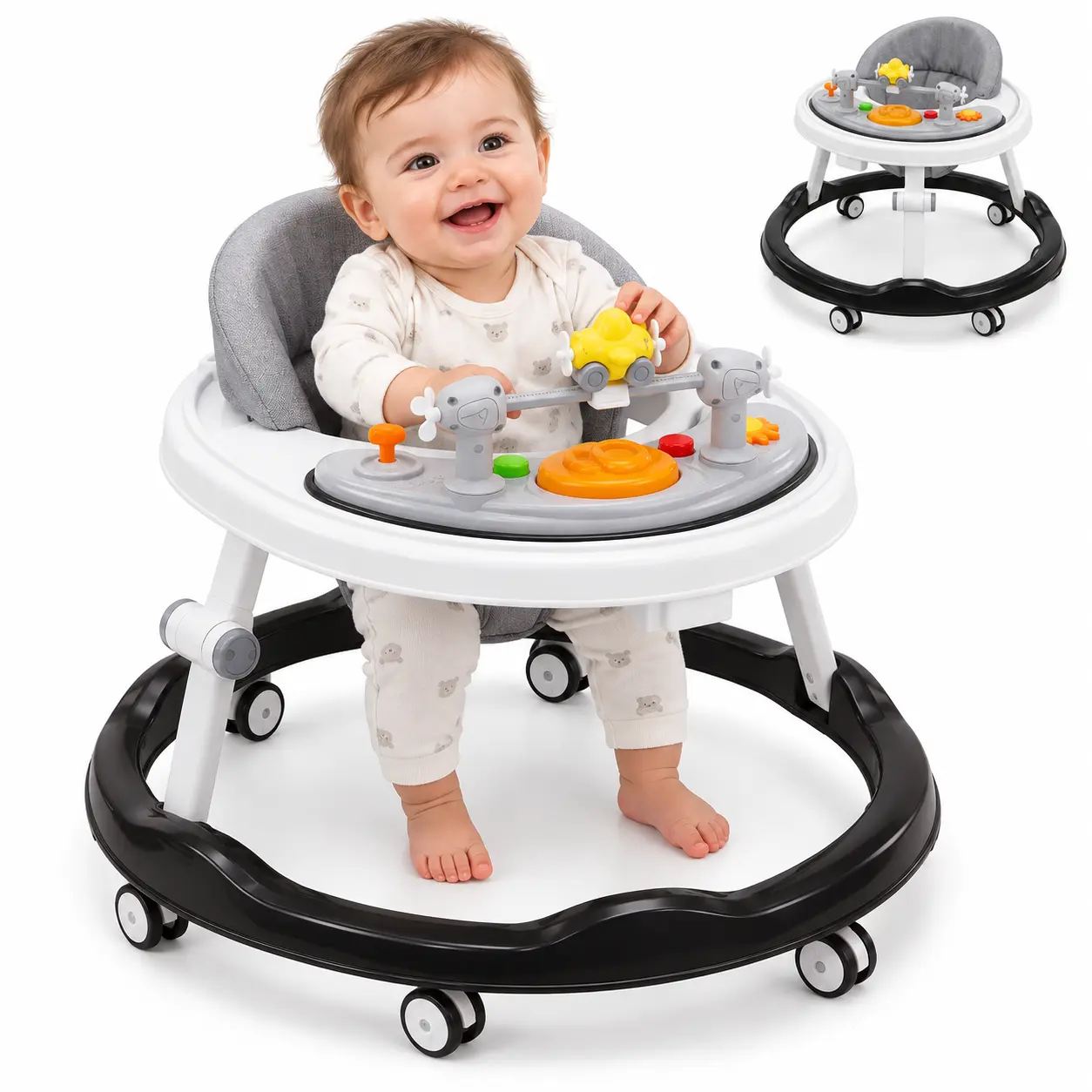 Foldable Multi-Functional 5-in-1 Baby Walker, Toddler 360 Walker for Girls Boys 6-24 Months, Anti-Rollover, Music & Toys Tray, Height-Adjustable,Silent wheels, Walk-Behind | Bouncer Baby Push Walker