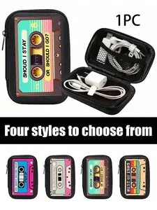 Portable Mini Storage Bag with Radio Pattern, Phone Charger Data Cable Organizer, Zipper Wallet Style, Waterproof Travel Tech Pouch, Unisex