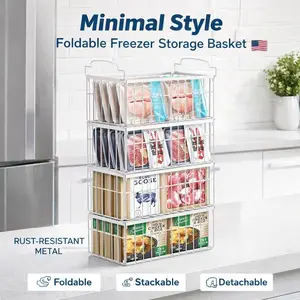 Upgraded Freezer Organizer Bins 2 4 6 8 Pack Max Capacity Stackable Baskets for 5 7 Cubic Feet Deep Freezer Foldable Storage Rack Heavy Duty Rust Proof Metal Wire Bins Airflow Design for Frozen Food Meat Kitchen Pantry Refrigerator Space Saving Organizer
