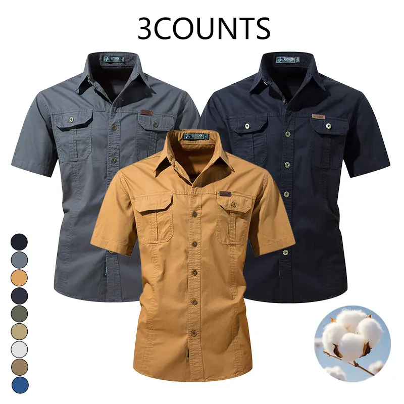 “Life Keeps Moving” men’s 3-pack: summer breathable pure cotton short-sleeve shirts available in multiple colors; workwear short-sleeve tops for men, suitable for everyday wear and commuting, featuring multiple pockets at the front; practical, minimalist,