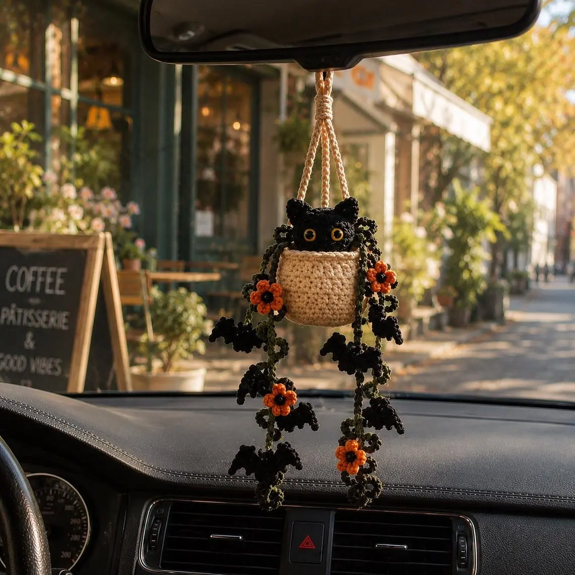 Handmade Crochet Black Cat Hanging Car Charm, Amigurumi Plant Decor, Rear View Mirror Ornament, Cute Gothic Car Accessory, Gift for Cat Lovers