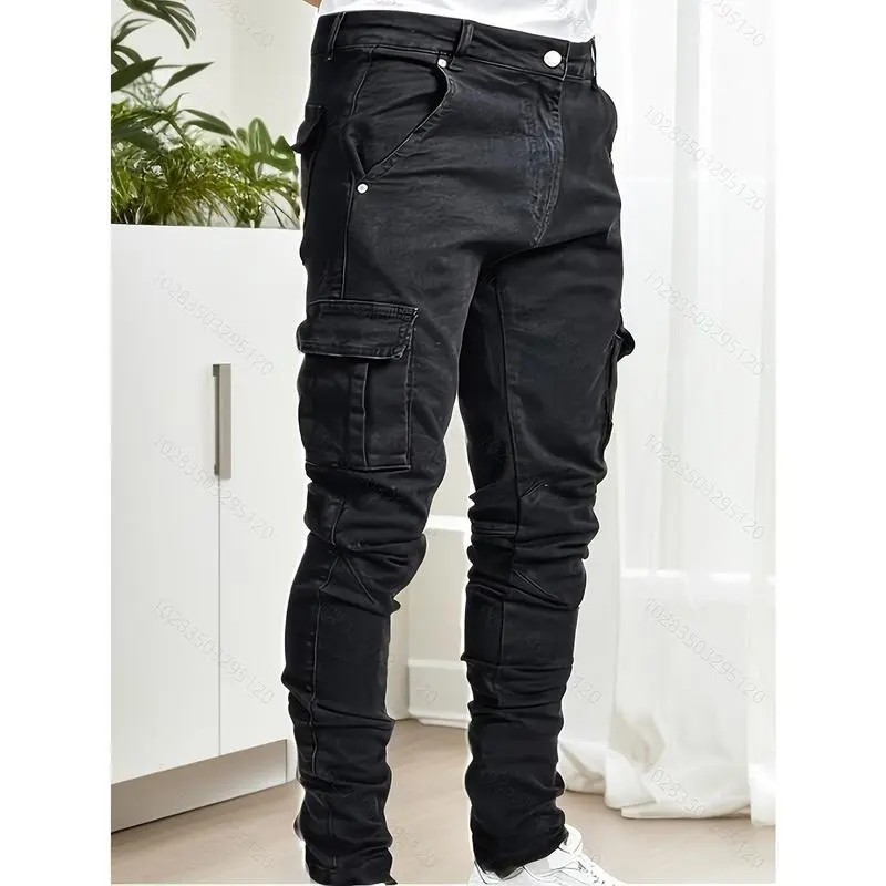 Men's Slim Fit Cargo Jeans - Stretch Denim, Multi-Pocket, Anti-Theft, Polka Dot, Normal Type, Casual Fashion, Street Style, All-Season Wear, Hand Wash Only, All Seasons, Casual Fashion Men's Jeans, Slim-Fitting, Cropped Fitted Men's Jeans