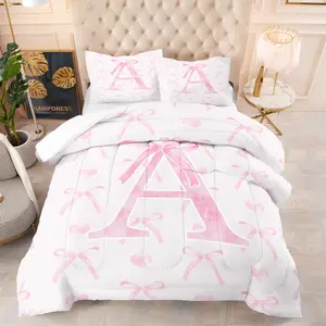 Pink Bow and Letter Print Bedding Set, 2/3 Pcs Set Kawaii Style Quilted Comforter and Pillowcase, No Pillow Core, Warm Breathable Quilt, Perfect for Child Girl Bedroom Decoration, All Seasons