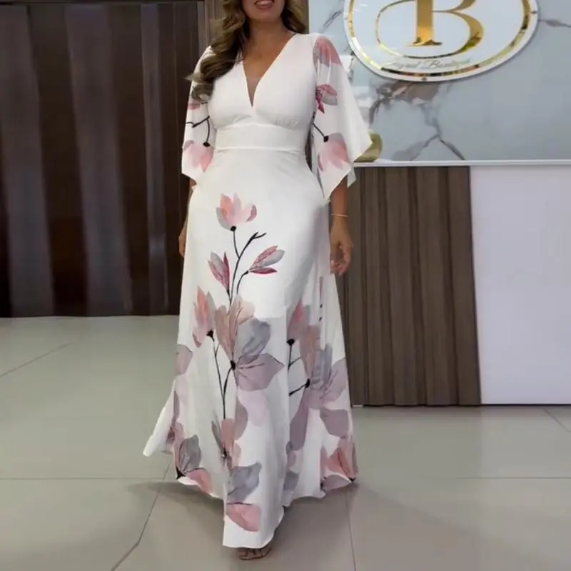 LIVE ONLY CHICME Floral Placement Print Deep V Neck Bell Sleeve Vacation Dress Casual Zipper Back Wedding Guest Cinched Waist Maxi Wedding Dress With Lining Elegant Fit