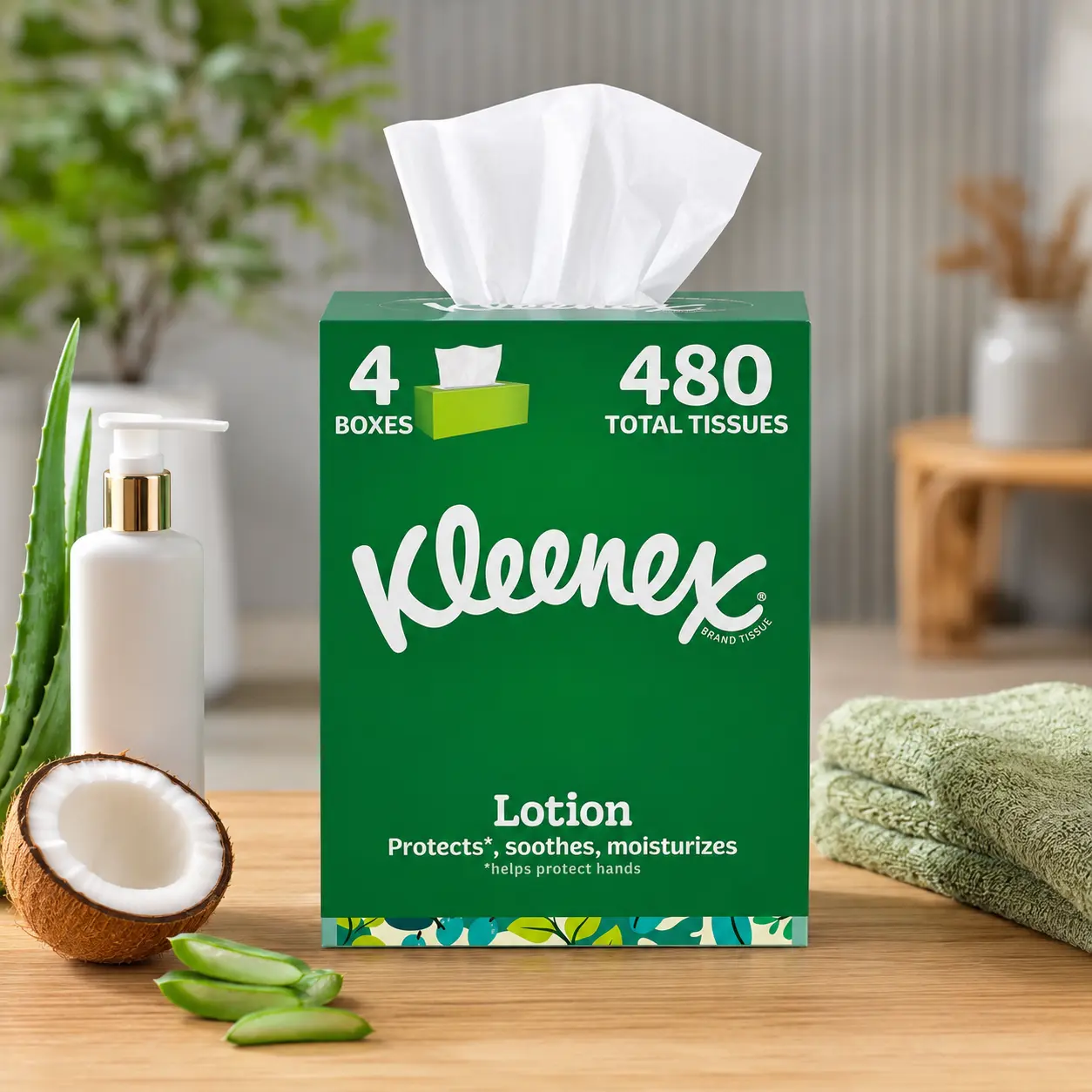 Kleenex Lotion Facial Tissues with Coconut Oil & Aloe, 3-Ply, 4 Pack, 480 Tissues