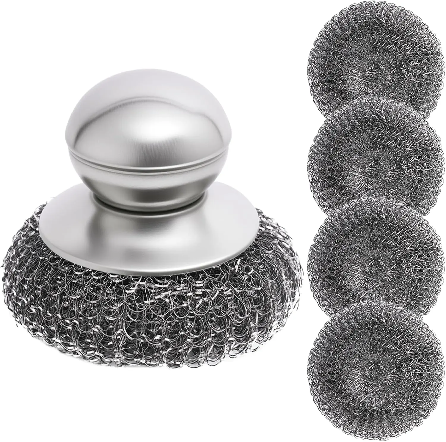 Steel Wool Scrubber with Handle, 5Pcs Stainless Steel Scrubber Set, Metal Pan & Pot Cleaner for Cast Iron, Grill, Stove, Oven, Sink, Stubborn Messes (1 Handle +4 Pads)​