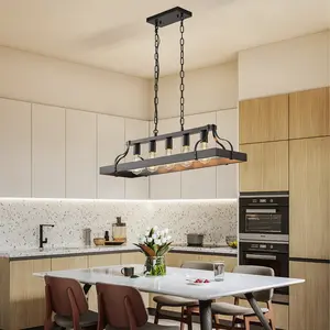 34-Inch Industrial Pendant Light, Adjustable Chain Height ,Modern Farmhouse Linear Chandelier for Dining Room&Kitchen Island (Bulb Not Included)