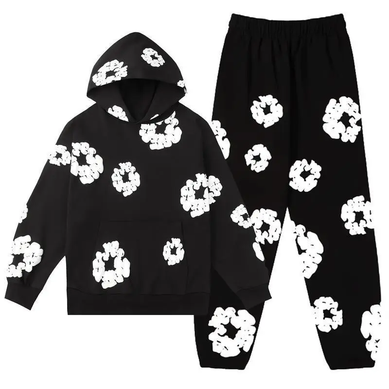 Men's 2-Piece Denim Pants & Long Sleeve Flower Hoodie Set, Wide Leg Joggers, Pockets, Youth Style, Casual Menswear Outfit