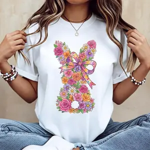 Women Casual Round Neck Short Sleeve T Shirt with Easter Bunny Pink Bow and Colorful Swirls Print for Spring Festival and Holiday Wear