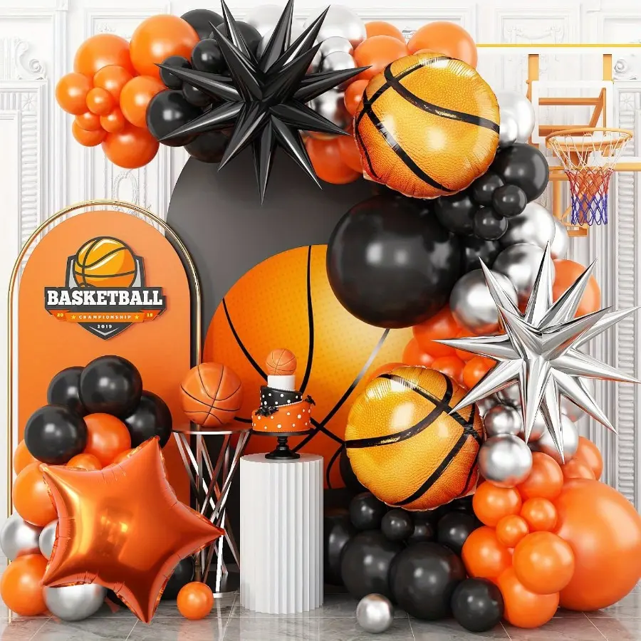 131pcs of Orange, Silver, and Black Latex Balloons Designed with Basketball Theme, Including An Arch and A Wreath. This Balloon Kit Features Orange -Shaped Foil Basketball Balloons, Perfect for Celebrations Like Birthdays, Adult Ceremonies