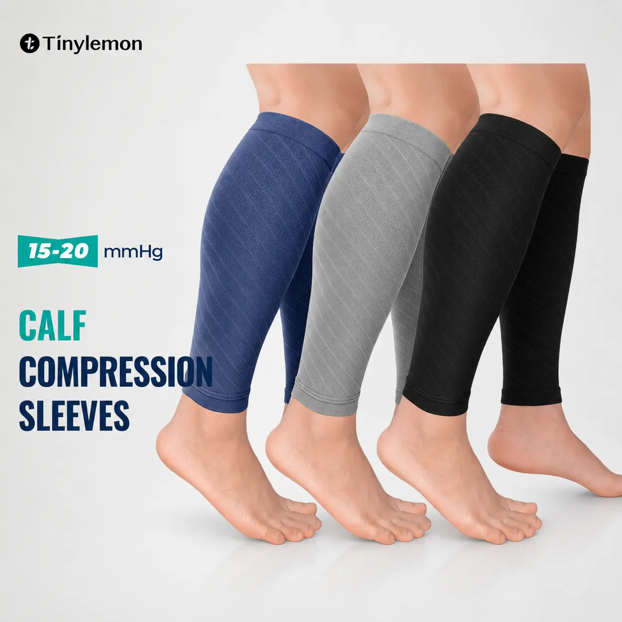 Tinylemon 3 Pairs Compression Calf Socks - 15-20 mmHg Footless Stretch Nylon Breathable Calf Support Sleeves for Adult Men, Running, Cycling, Adults, Calf Compression Sleeves