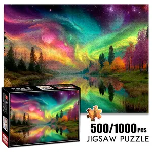 1pc 1000 piece adult puzzle 70x50cm Colorful Aurora Borealis over Lake and Forest Landscape 500 pieces paper jigsaw puzzle suitable for DIY creative games for adults and families, birthday and holida
