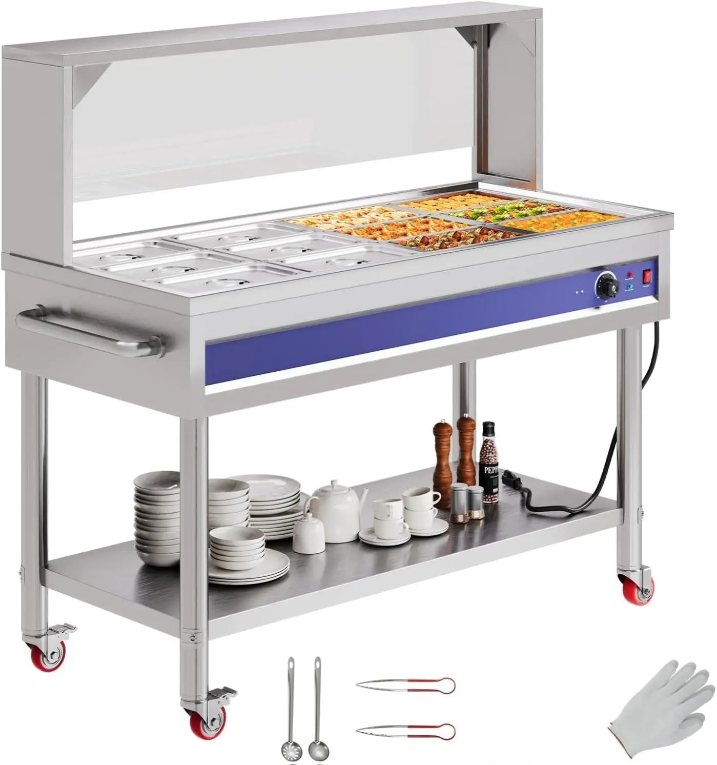 [Summerwins] [SummerFinds] AMERLIFE 4/8/12-Pan 48/72/96QT Commercial Food Warmer, 1200/1500/1800W Stainless Steel Steam Table with Top Shelf, Lids, Food Tongs, Undershelf, Wheels, 110V Temp Control for Catering