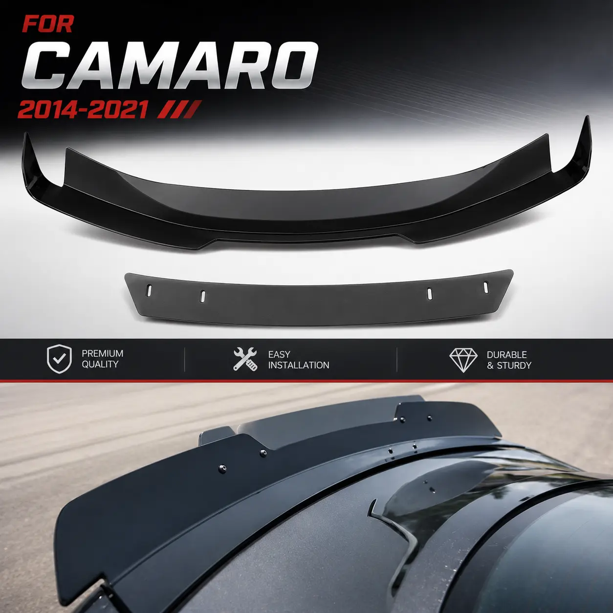 Painted ABS Coated Vehicle-Specific Rear Trunk Spoiler Wing Lip with 1 Wickerbill Highkick for Chevrolet Camaro LT RS 2014-2021, Bolt-On, Factory Style, 100% New, Easy Install, Gloss Black, Enhances Look, Strict Quality Control Standards