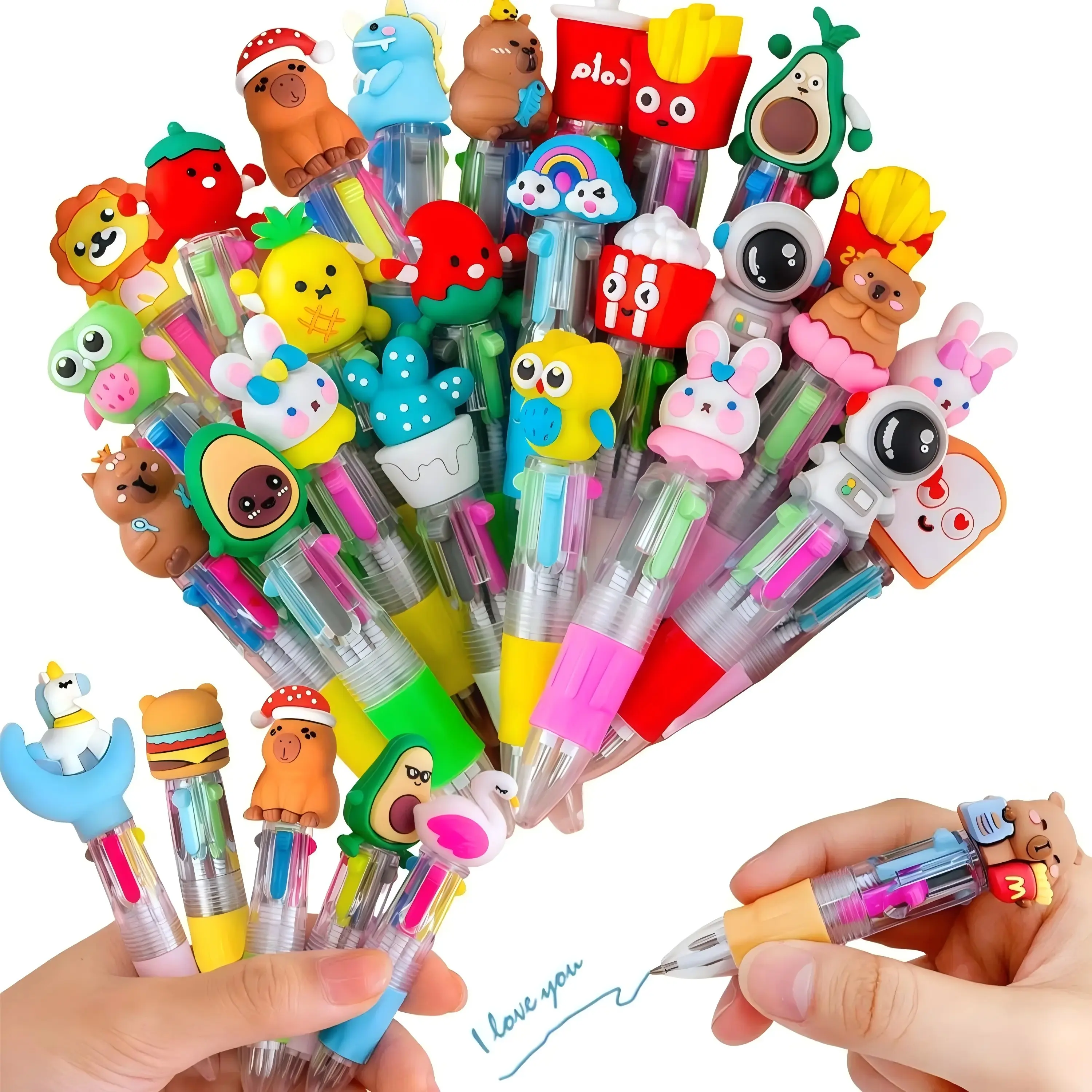 【Back to School】52-Piece Random Multicolor 4-in-1 Smooth No-Skip Ink Pens with Soft Silicone Grip, Cute Cartoon Toppers & Mini Toys, Mini Gifts for Students, Birthday Party Favors & Classroom Prizes
