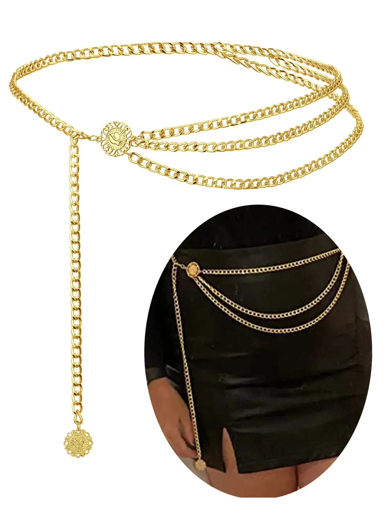 1Pc Sunflower Chain Belt for Women Fashion Plus Size 91/110/130cm Waist Chains Metal Layered Adjustable Waist Belt for Women Dress Accessories Plus Size Available for Music Festival Dress Accessories Body Jewelry, Body Jewellery