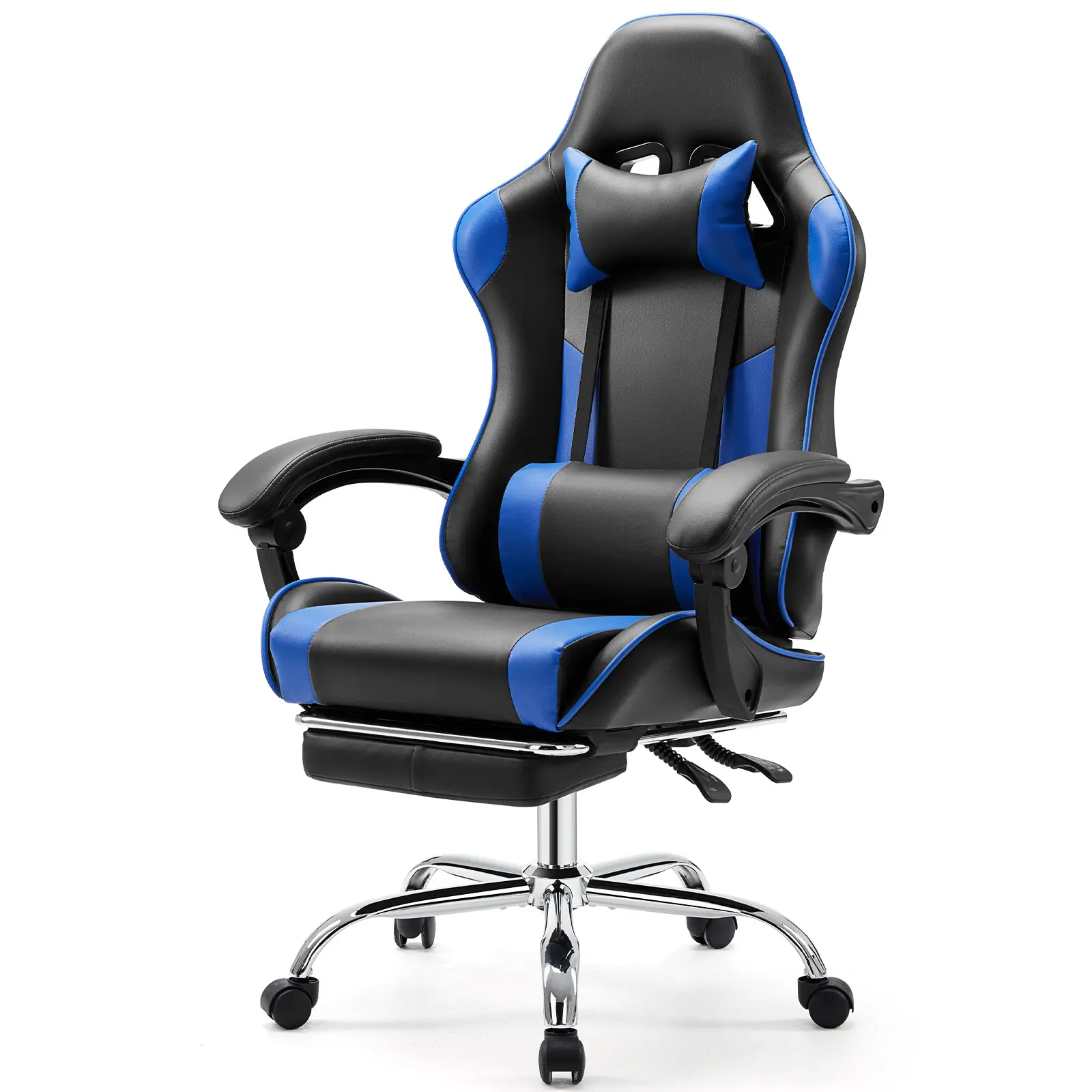 Sweet Furniture Ergonomic Game Chair with Footrest, Adjustable Lumbar Support, Headrest, PU Leather Recliner, Fixed Armrests, Height Adjustability and 360° Swivel Gaming Chair, Ergonomic Gaming Chair