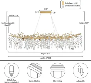 Crystal Chandeliers Modern Rectangular Chandeliers ,Tree Branches Ceiling Pendant Light Fixtures-Luxury K9 Raindrop for Living Room Dining Room Bedroom