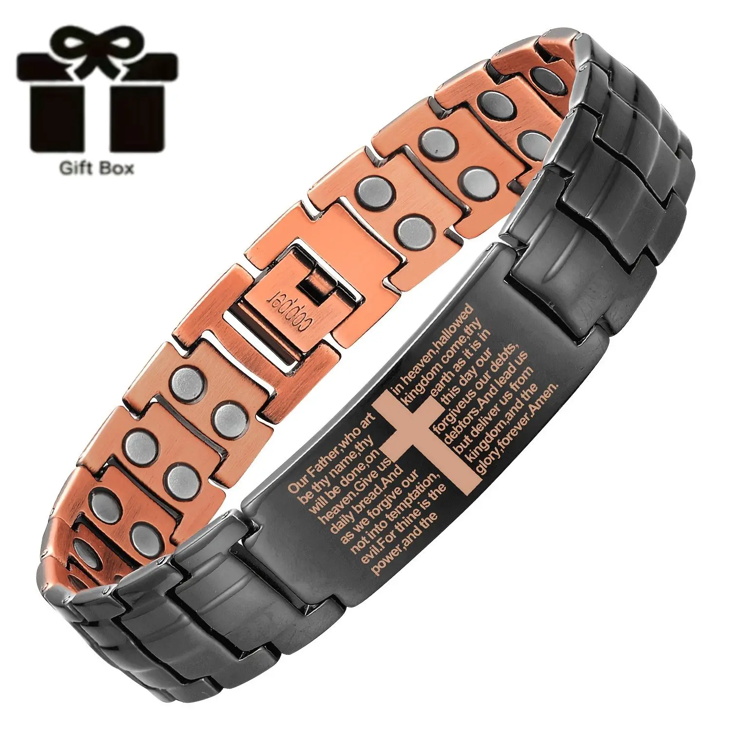 Men's Magnetic Cross Emblem Bracelet & Bangle - Adjustable Copper Black Enamel, Lord's Prayer Engraving, Hypoallergenic Magnetic Titanium Steel, Alternating Black-Rose Gold Links, Ideal Gift for Him, Cross Emblem Bracelets & Bangles, Alternating Black And
