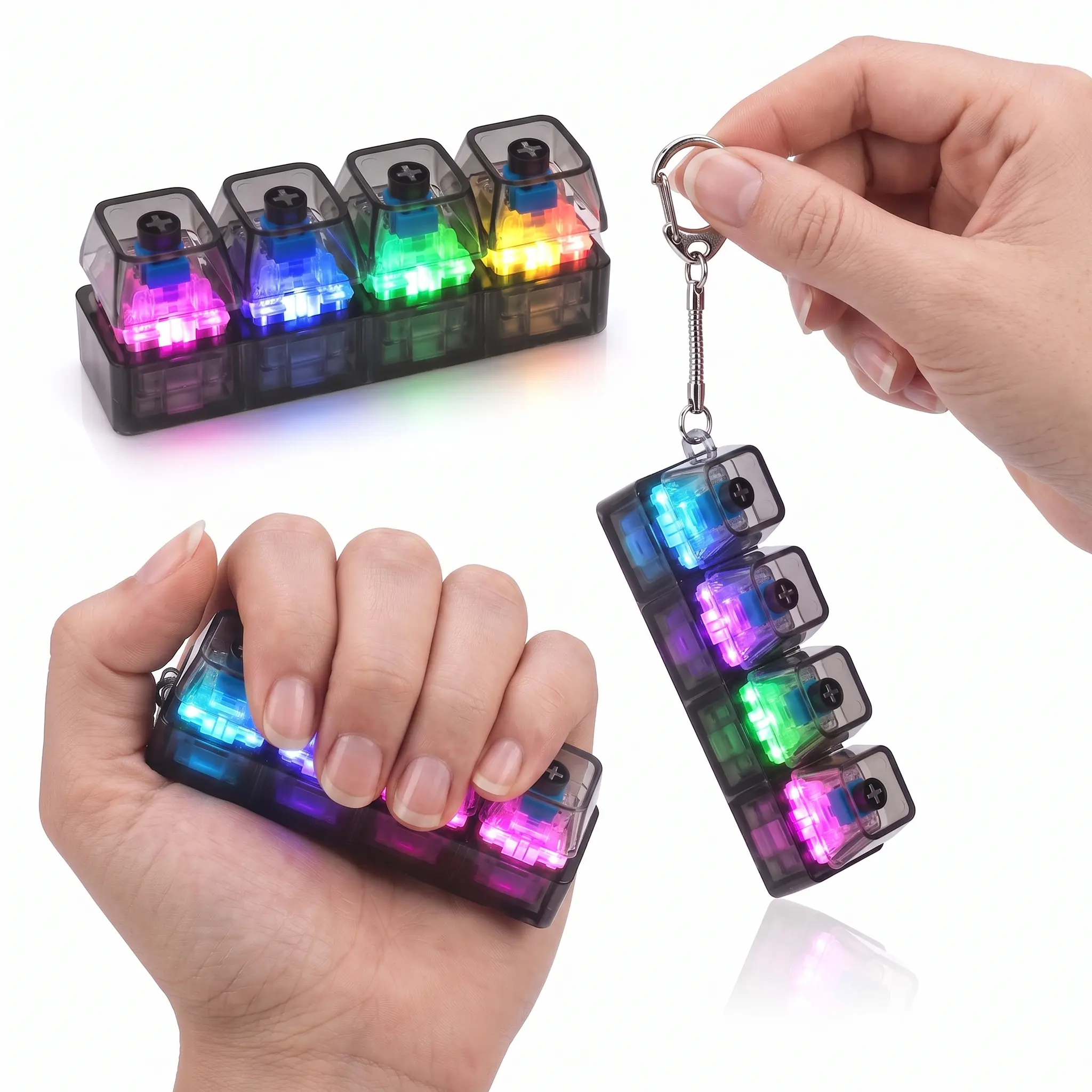 Mini 4-Key LED Light-Up Fidget Keychain Cool Gadgets, Mechanical Keyboard Switch Tester Clicker Toy, Portable Stress Relief Finger Button Gift for Adults Office Workers