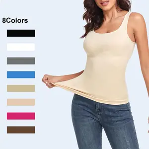 Women's Seamless Elastane Tank Top, Minimalist Square Neck Solid Knit Athletic Shapewear with Tummy Control