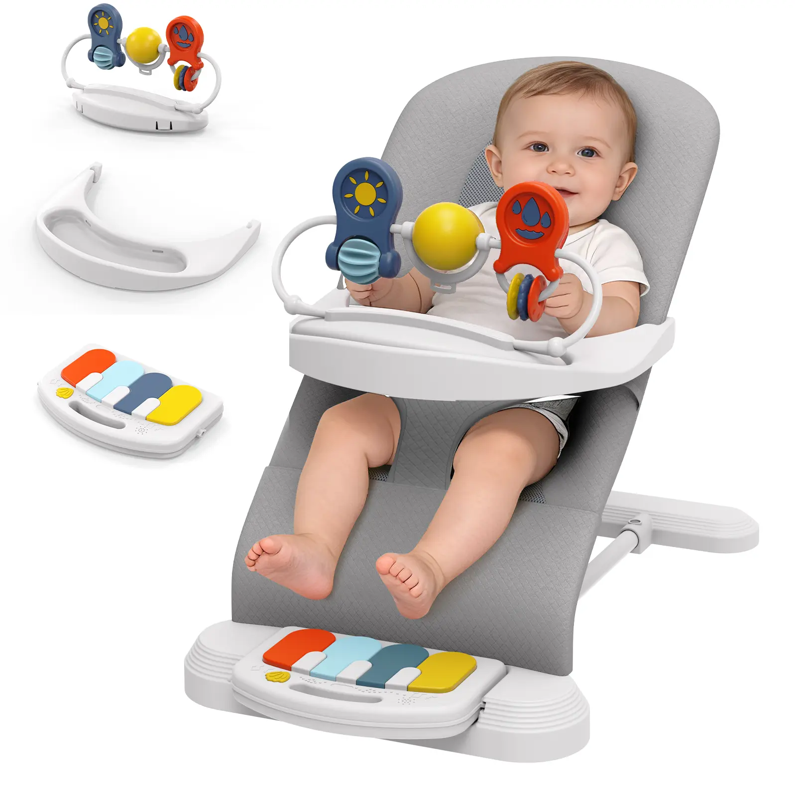 Baby Bouncer Rocker for Newborns-Toddlers, Comfortable Portable Seat with 3-Level Adjustable Incline, Detachable Piano, Feeding Tray for Entertainment, Baby Entertainment, Infant Bouncer, 3-In-1 Functionality, Bouncer Jumper, Unisex