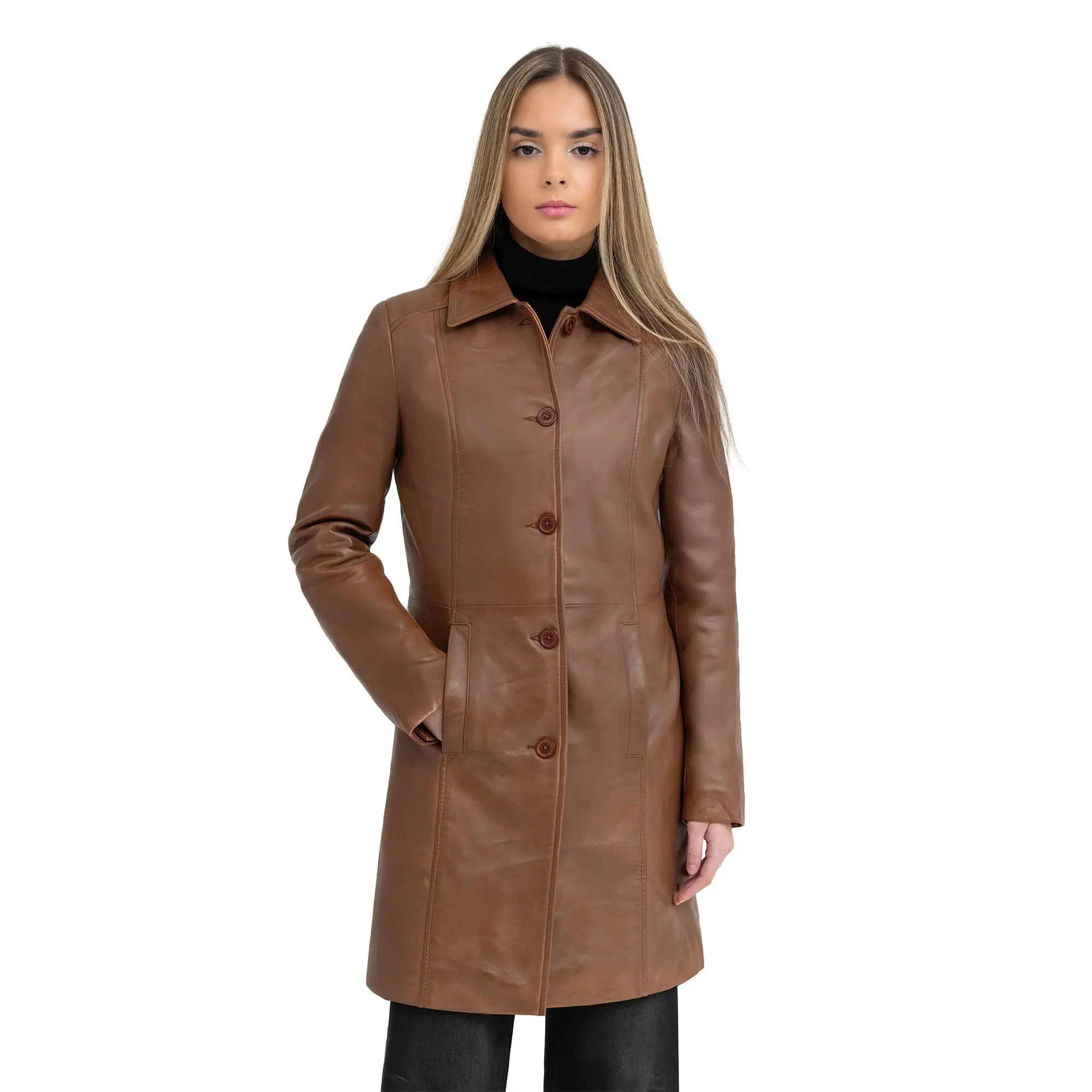 FM Women's Brown Lambskin Leather Trench Coat