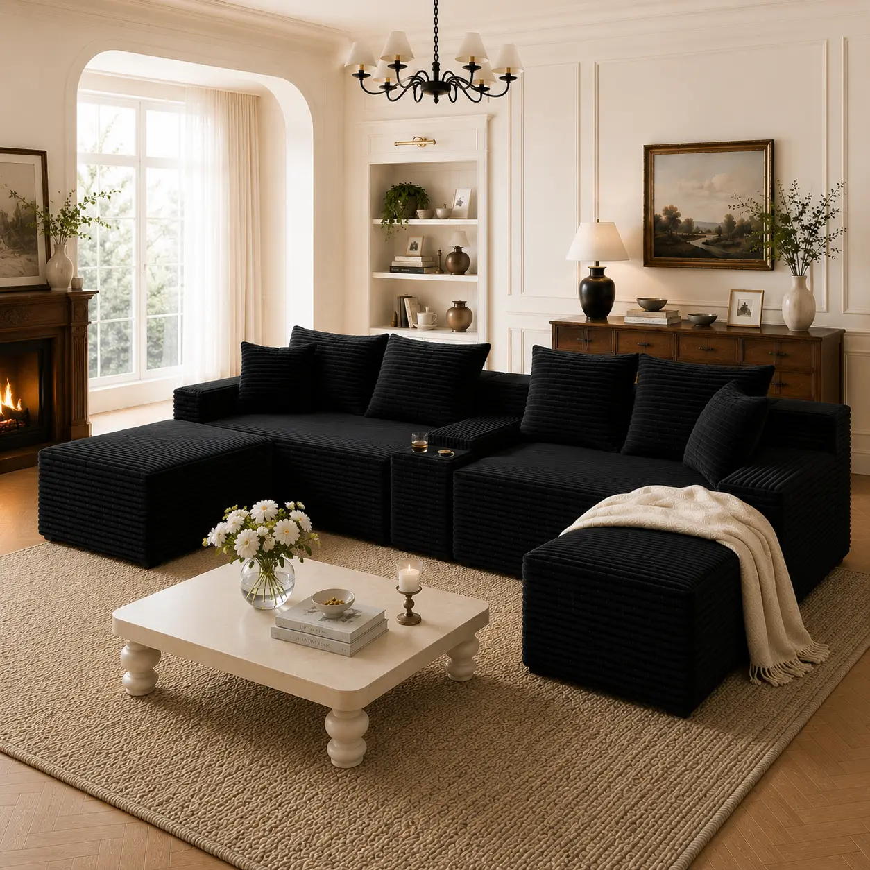 Oversized Black Corduroy Modular L-Shaped Sectional Couch with Ottoman, Cup Holders, Deep Seat, Convertible Block Design - Comfy Clean Look Multi-Piece Free-Combining Living Room Furniture for Big Family Gatherings, Modern Minimalist Sectional Couches, Se