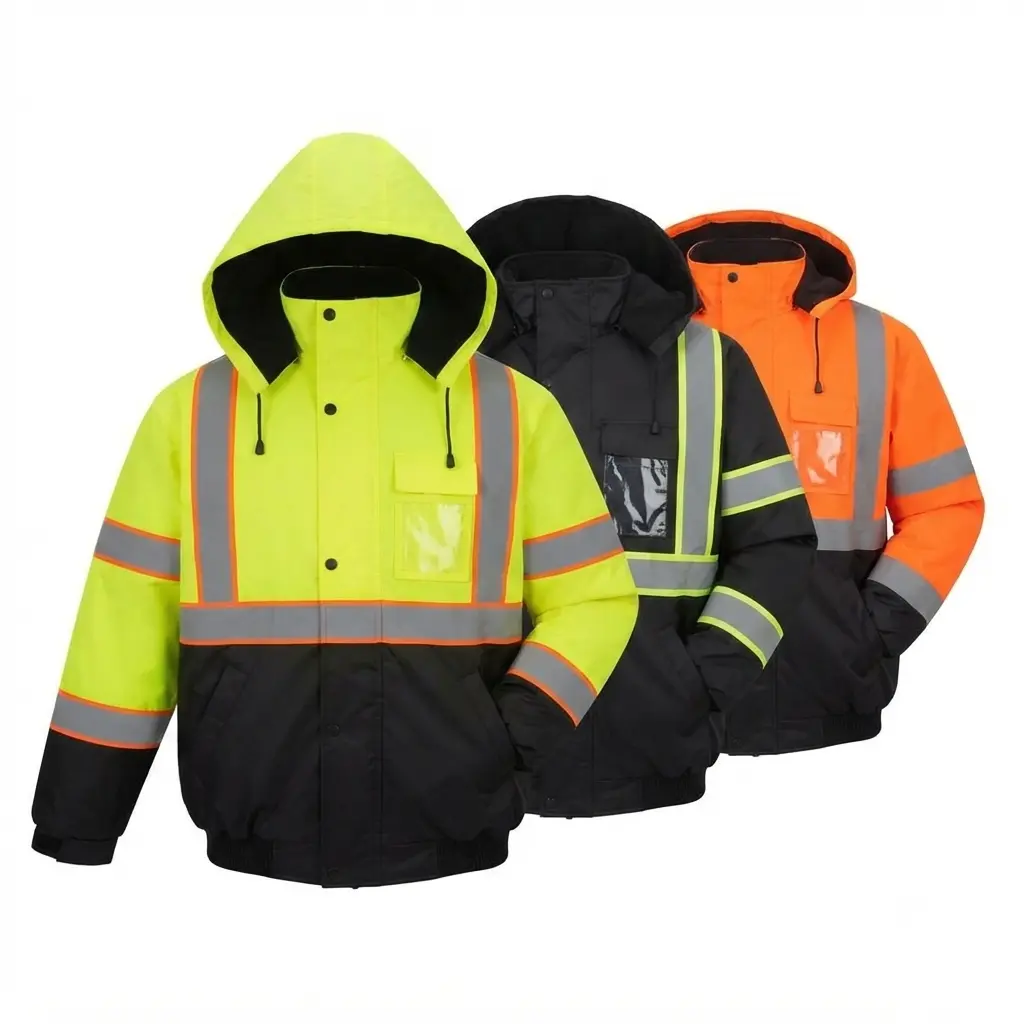 Safeguard Men's Winter Bomber Jacket, a Waterproof Hooded Fleece-Lined Safety Coat with High-Visibility Reflective Tape for Work, Outdoor, None