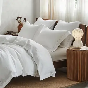 Simple&Opulence 100% Washed Linen Duvet Cover Set with Embroidered, Soft Farmhouse Comforter Set with Button Closure